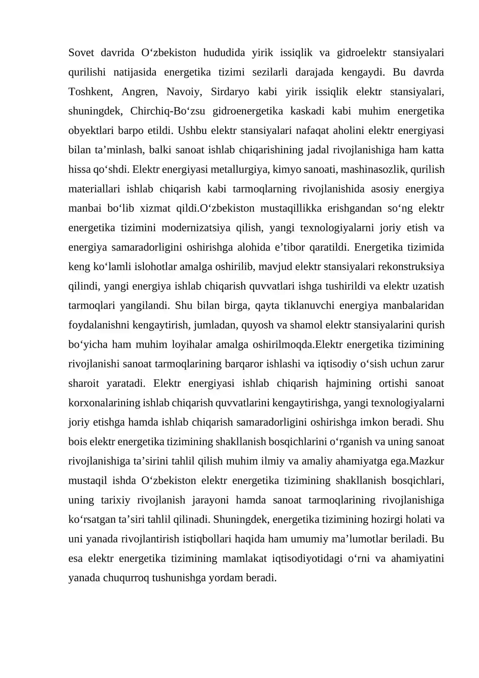 Oʻzbekistonda elektr energetika tizimining shakllanish bosqichlari va ularning sanoat rivojlanishiga ta’siri 2