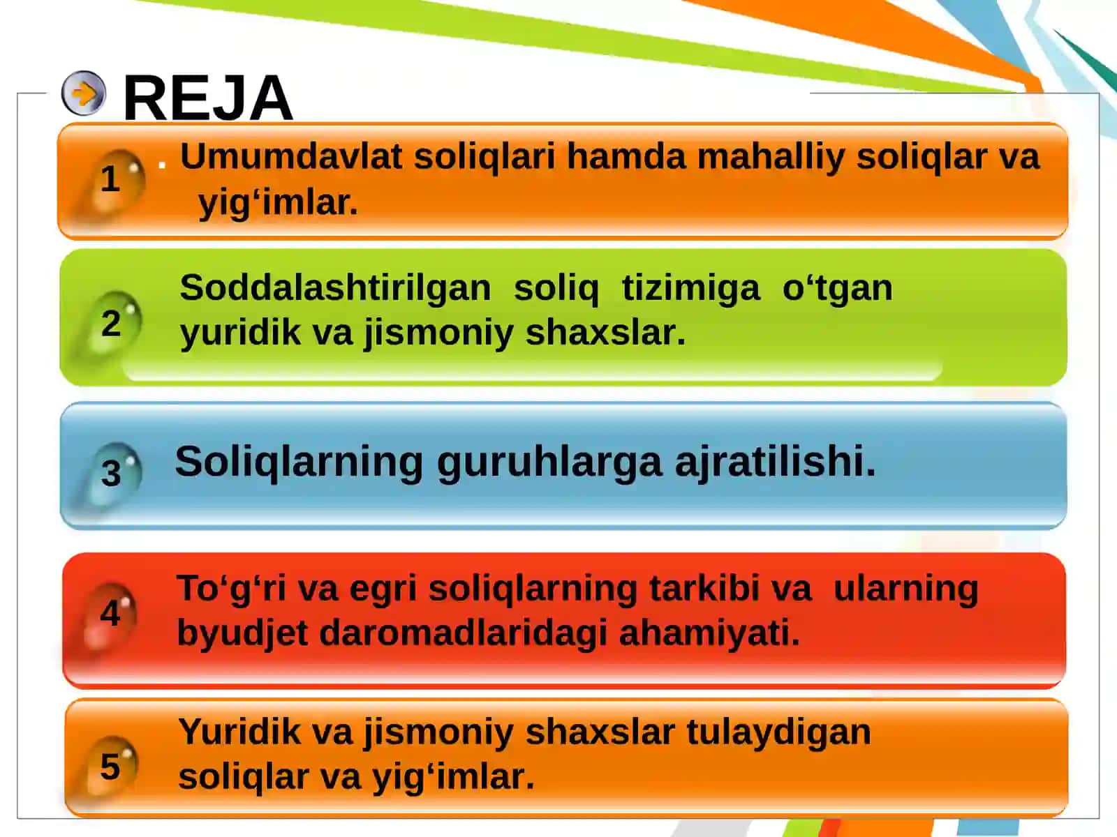 2-mavzu:O’ZBEKISTON RESPUBLIKASIDASOLIQ TIZIMI, SOLIQ MUNOSABATLARI SUBEKTLARINING HUQUQ VA MAJBURIYATLARI.Umumdavlatsoliqlarihamdamahalliysoliqlarvayig‘imlar 2