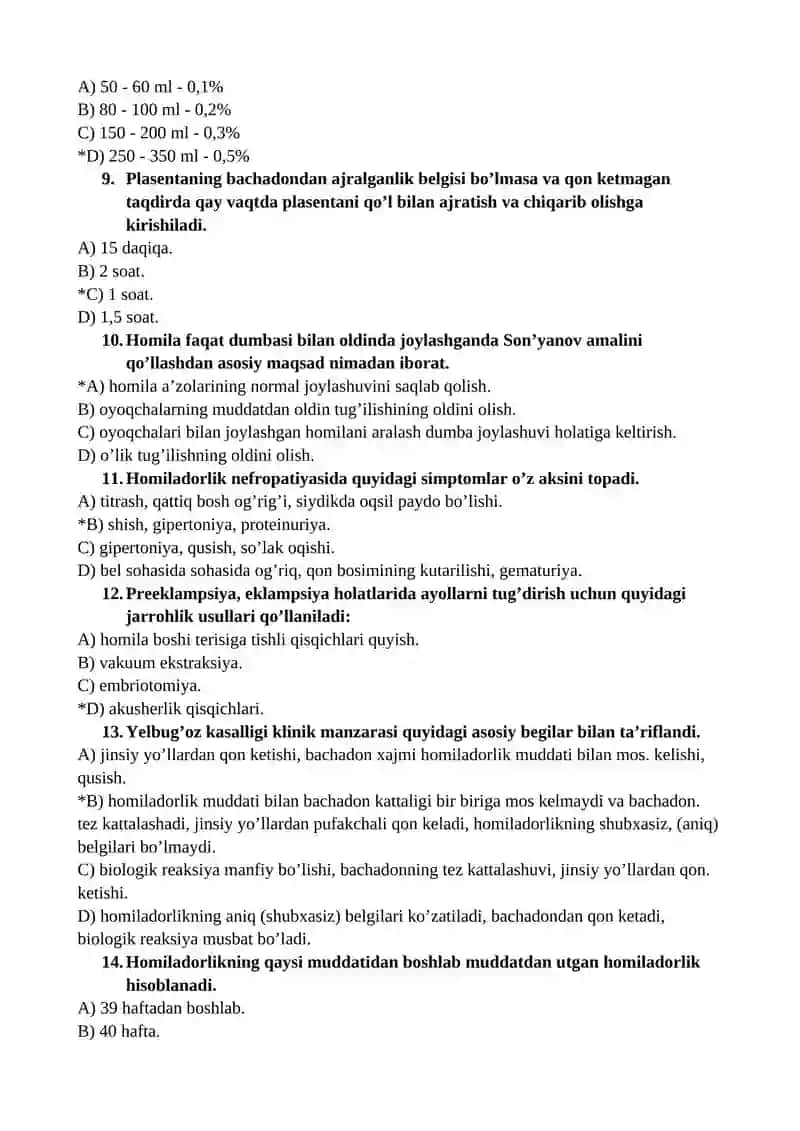AKUSHERLIK VA GINEKOLOGIYADA HAMSHIRALIK ISHI FANIDAN TEST SAVOLLARI 2