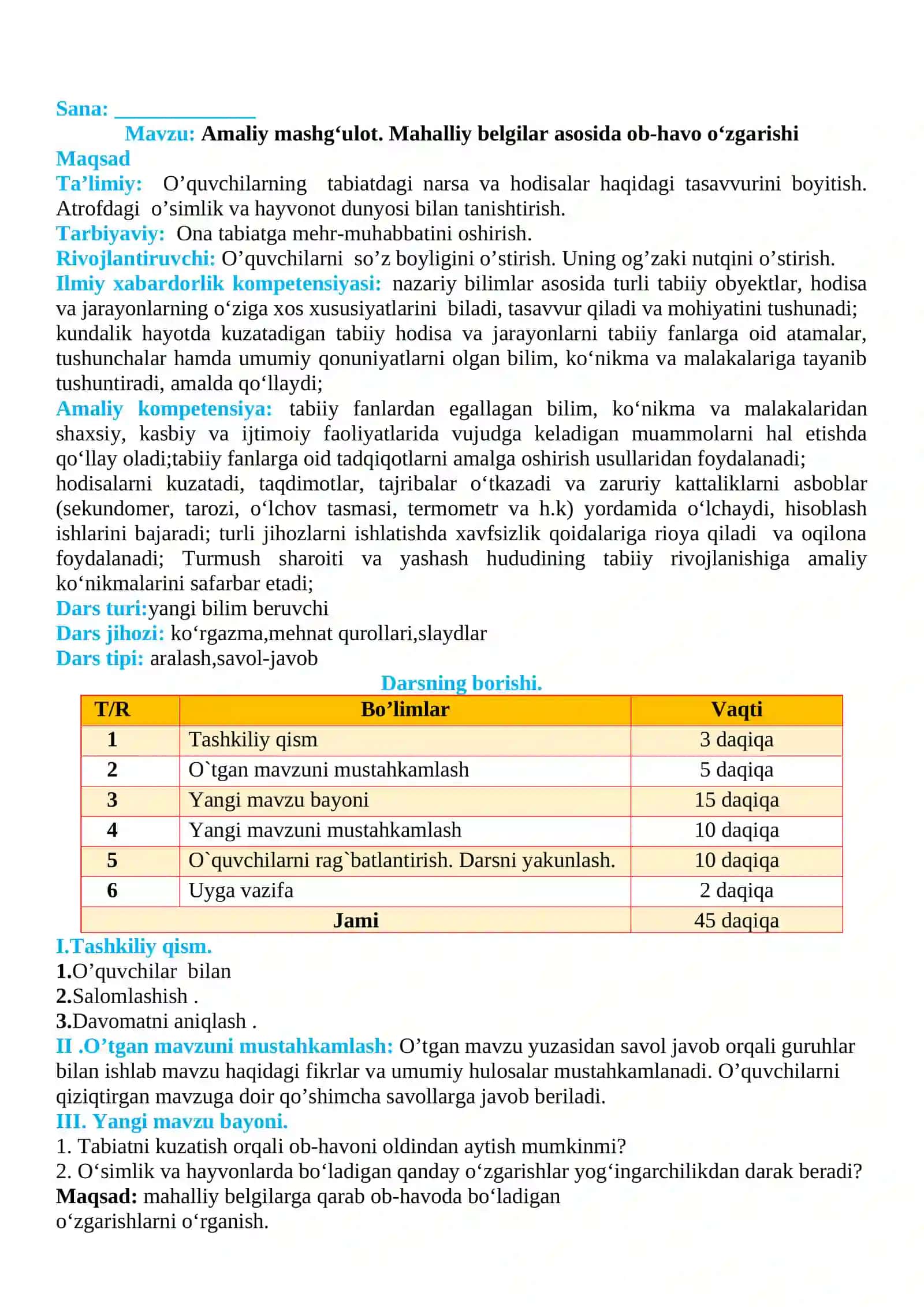 3-sinf Tabiiy fan (Science) Mahalliy belgilar asosida ob-havo o'zgarishi dars ishlanma 2