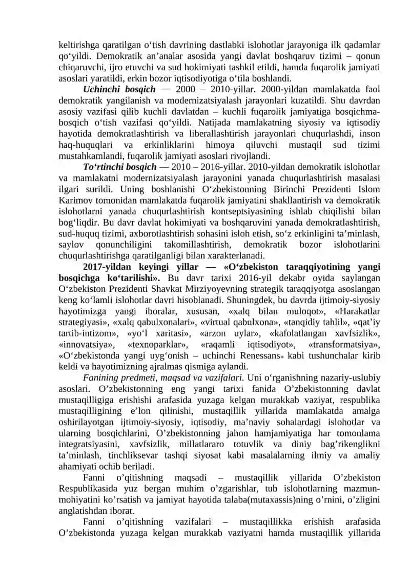 “O‘zbekistonning eng yangi tarixi”  o‘quv fanining predmeti, maqsadi va vazifalari,  nazariy-metodologik tamoyillari. 2