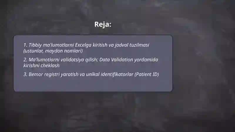 MS Excel dasturida tibbiy ma'lumotlar bilan ishlash 2