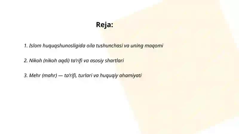 Islom huquqshunosligida oila, nikoh, taloq, idda, zihor tushunchalarini taʼriflash va taqdimot tayyorlash 2
