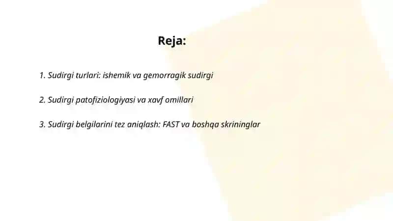Sudirgi va sudirgi vaqtdagi tez tibbiy yordam. Davo choralari. 2