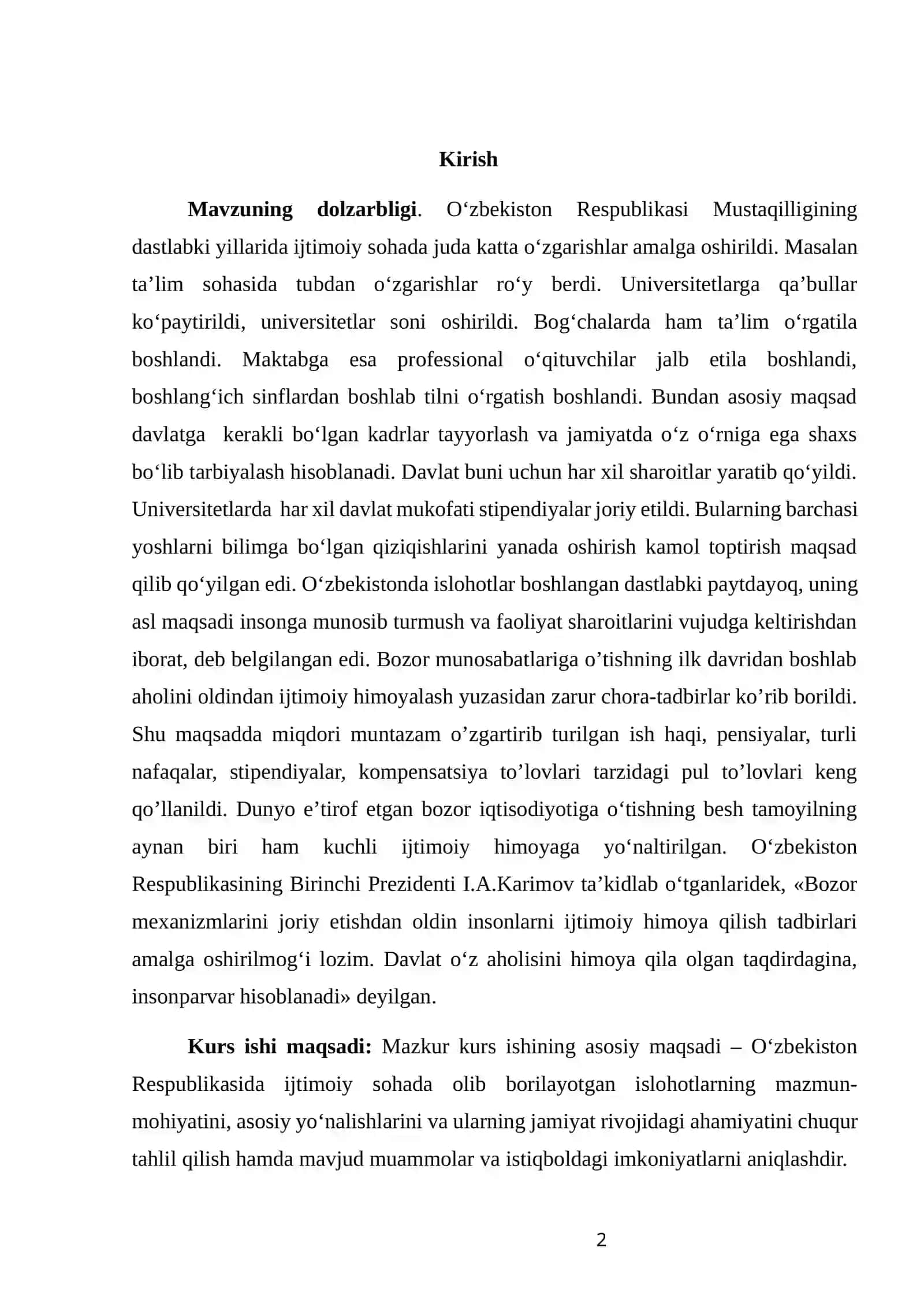 O‘zbekiston Respublikasi ijtimoiy sohada amalga oshirilayotgan islohotlar va ularning ahamiyati 2