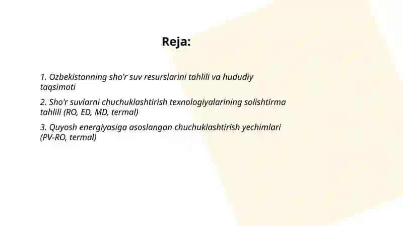 Ozbekiston sharoitida sho’r suvlarni chuchuklashtirish goyasini yaratish 2