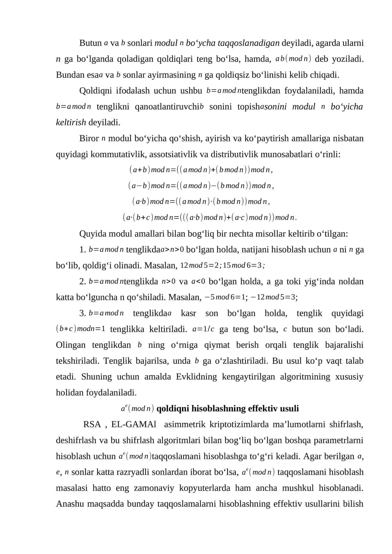Modulyar arifmetika. Evklid va kengaytirilgan Evklid algoritmi hamda ularning dasturiy ta’minotini ishlab chiqish 2