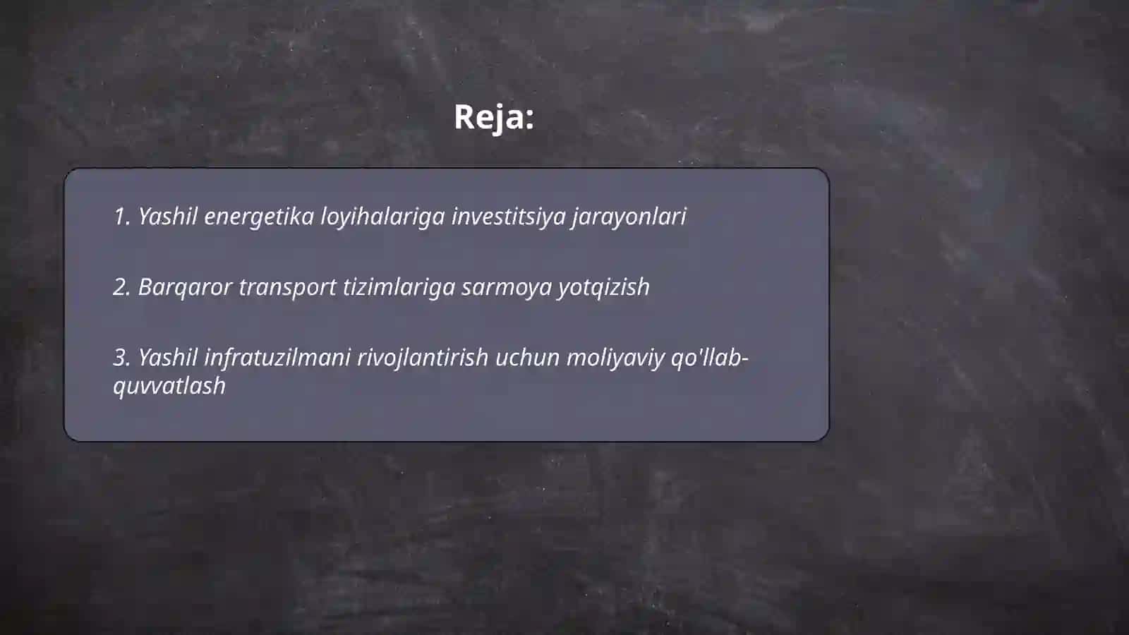 Yashil iqtisodiyotni rejalashtiruvchi sohalarga investitsiyalar va xarajatlarni rag’batlantirish 2