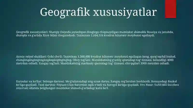 9A-Sinf OʻQuvvchisi Davronov OʻKtamning Gegrafiyadan Mangoliya Mavzusidan Loyihasi 2
