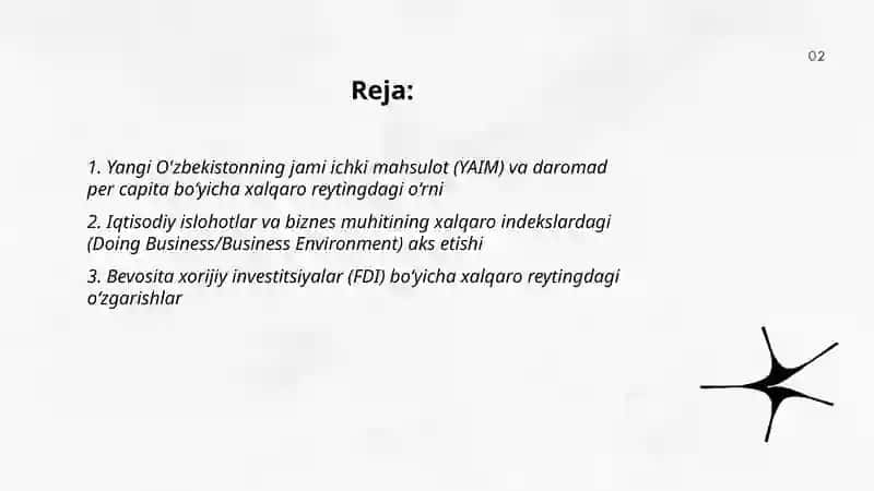 Yangi O'zbekiston ijtimoiy - siyosiy, iqtisodiy va madaniy hayotida ro'y berayotgan o'zgarishlarning xalqaro reyting va indekslarda aks etishi 2