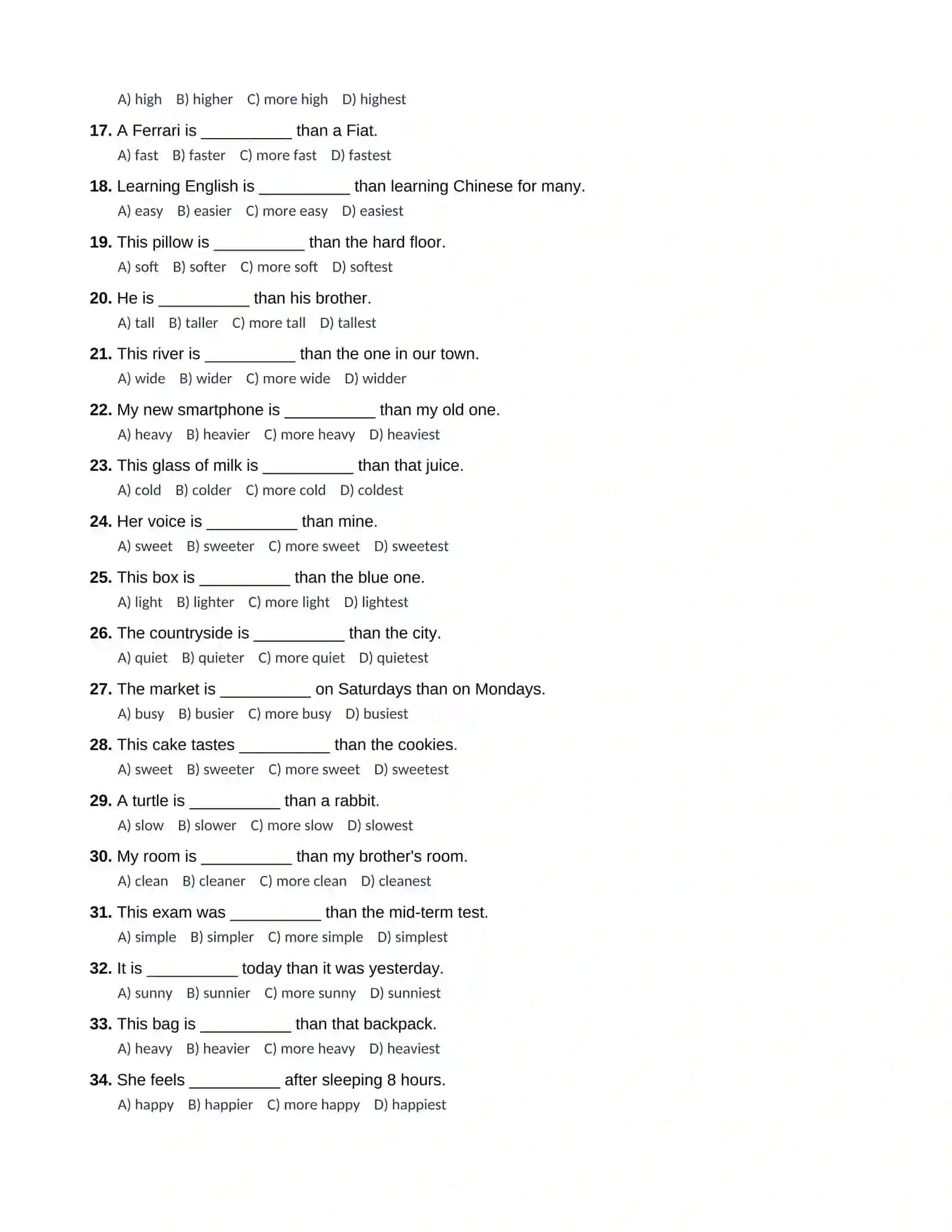 "Comparative Adjectives" (Sifatlarning qiyosiy darajasi) iboralari va qoidalari bo'yicha maxsus tayyorlangan 100 talik test oxiridan javoblari bilan 2