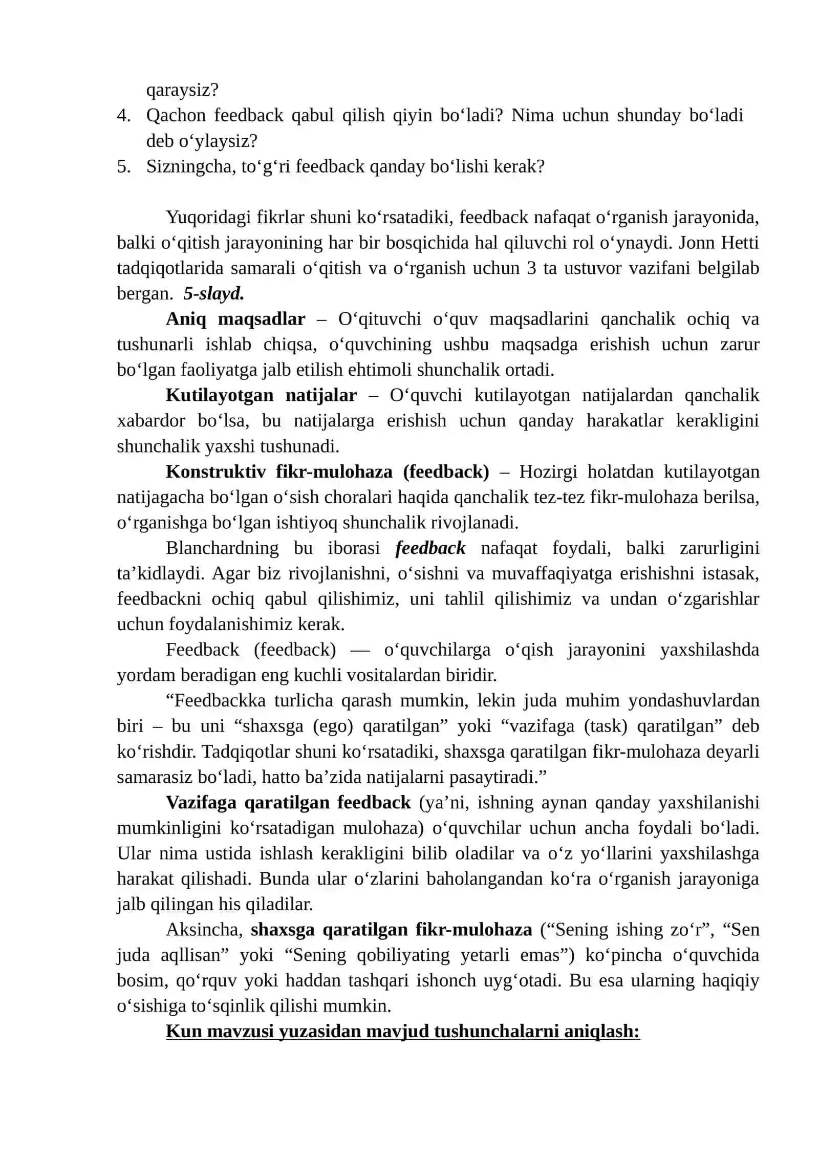 Taʼlim jarayonini chuqurlashtirishda formativ baholash va konstruktiv qayta aloqa (feedback, feedforward) amaliyotlari 2