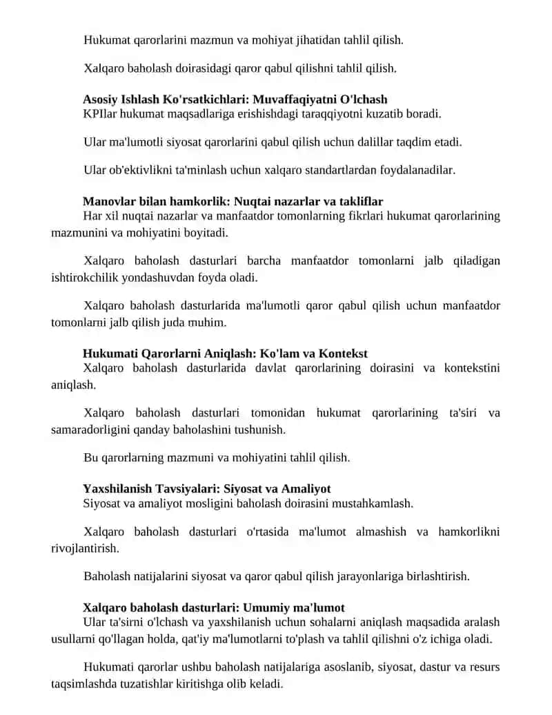 Xalqaro baholash dasturlarining doirasida hukumat qarorlarining mazmun va mohiyati 2