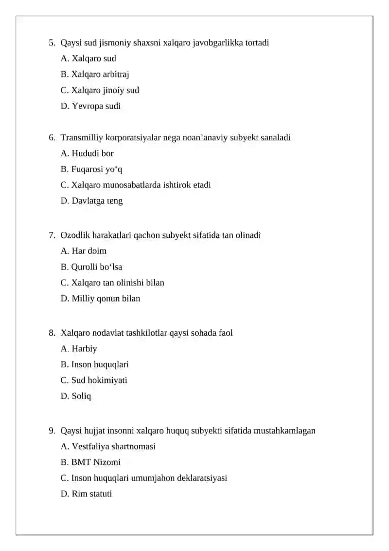 Xalqaro huquqning noan’anaviy subyektlari Test 2