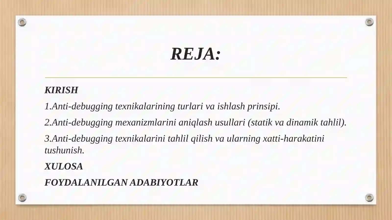 ANTI-DEBAGGERLASH TEXNIKALARINI ANIQLASH, TAHLIL QILISH VA BARTARAF ETISH USULLARI. 2