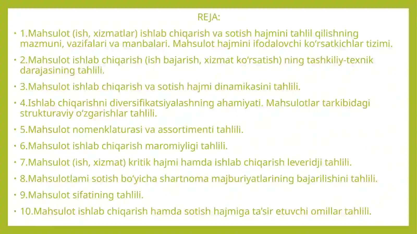 XOʻJALIK YURITUVCHI SUBYEKTLARNING MAHSULOT (ISH, XIZMATLAR) ISHLAB CHIQARISH VA SOTISH HAJMINI TAHLILI 2