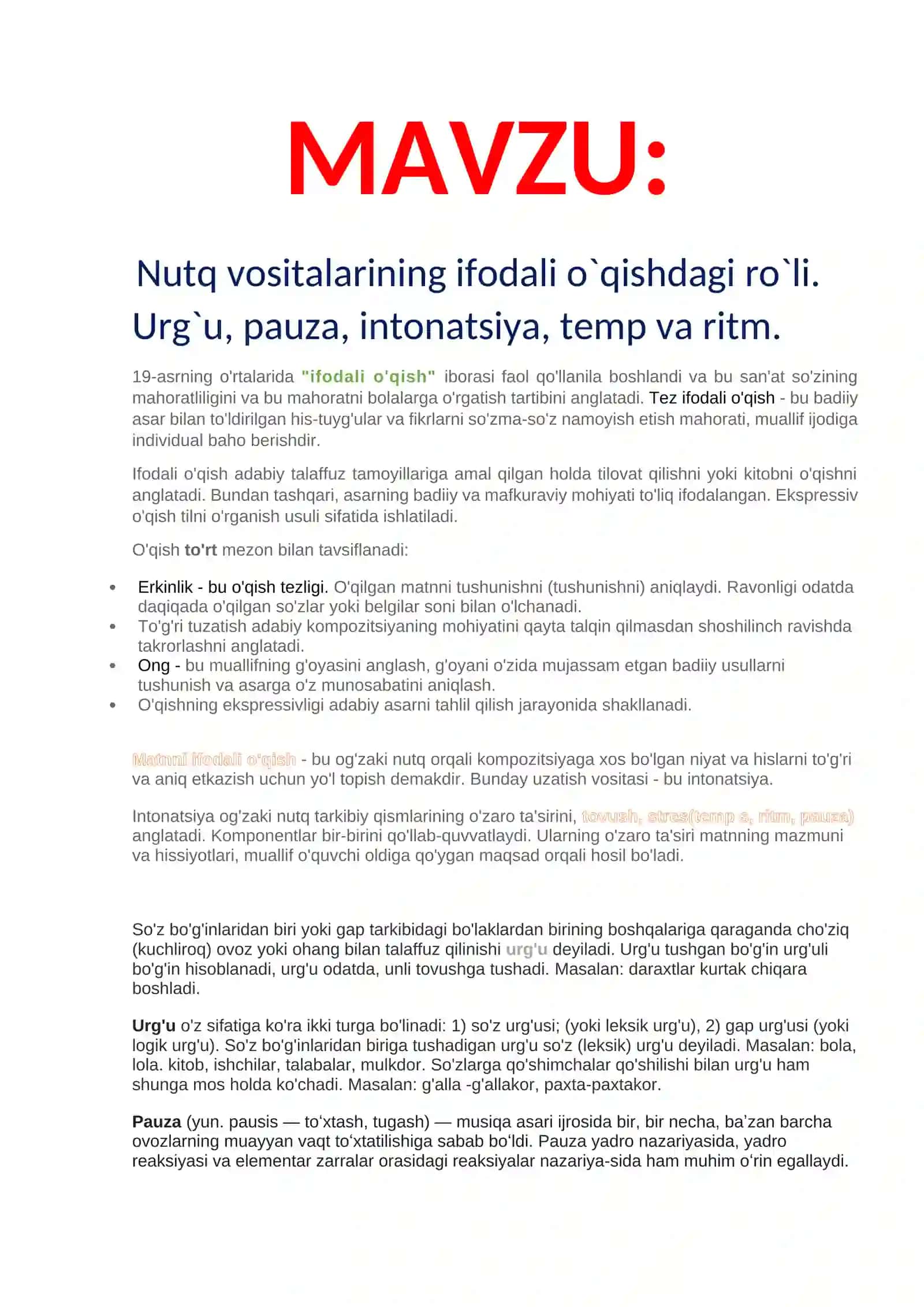 Nutq vositalarining ifodali o`qishdagi ro`li. Urg`u, pauza, intonatsiya, temp va ritm 2