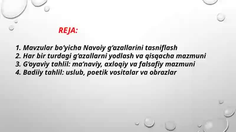 Navoiy gʻazallarining mavzu boʻyicha har bir turiga gʻazal yodlash va ularni gʻoyaviy va badiiy jihatdan tahlil qilish 2