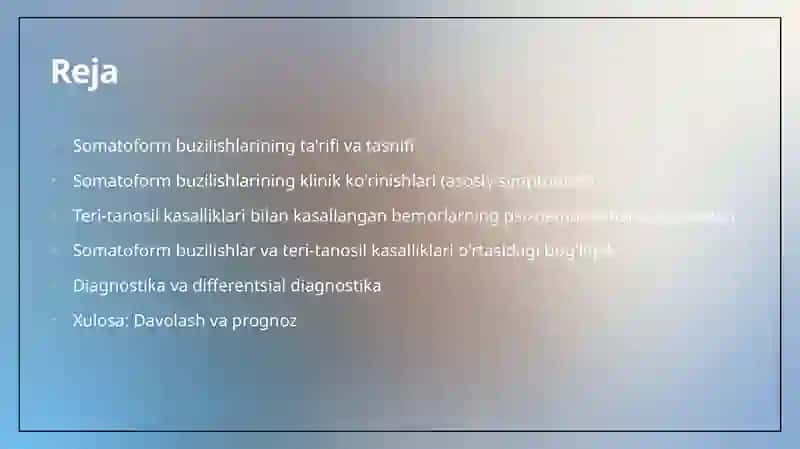 Somotoform buzilishlarining klinik ko‘rinishi.Teri tanosil kasalliklarning bilan kasallangan bemorlarning psixo emotsional xususiyatlari 2
