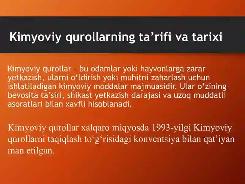 Kimyoviy qurol. Zaxarli moddalarning tasnifi. Kimyoviy vaziyatni baholash 2