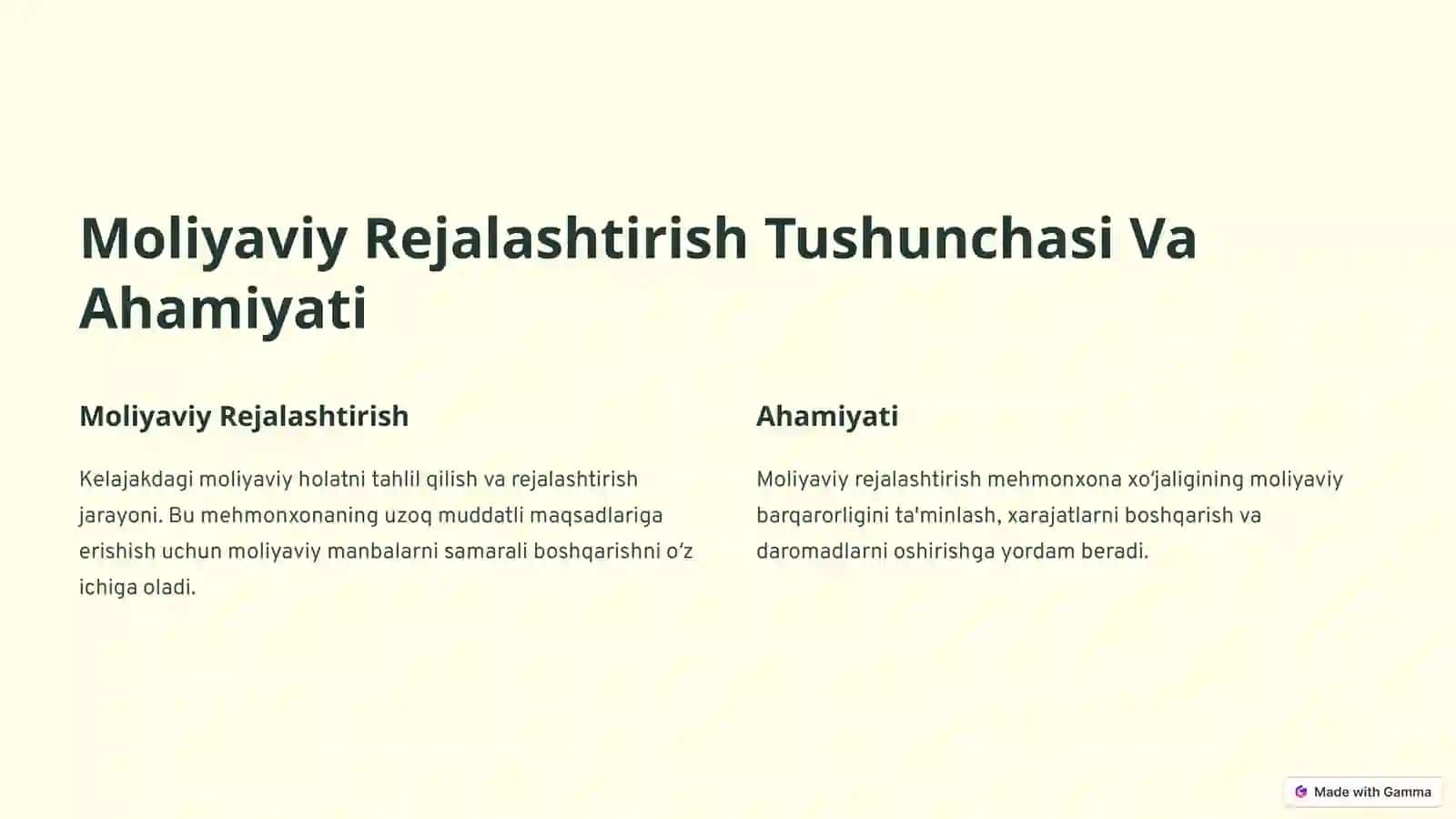 Mehmonxona Xoʻjaligida Moliyaviy Faoliyatni Rejalashtirish 2