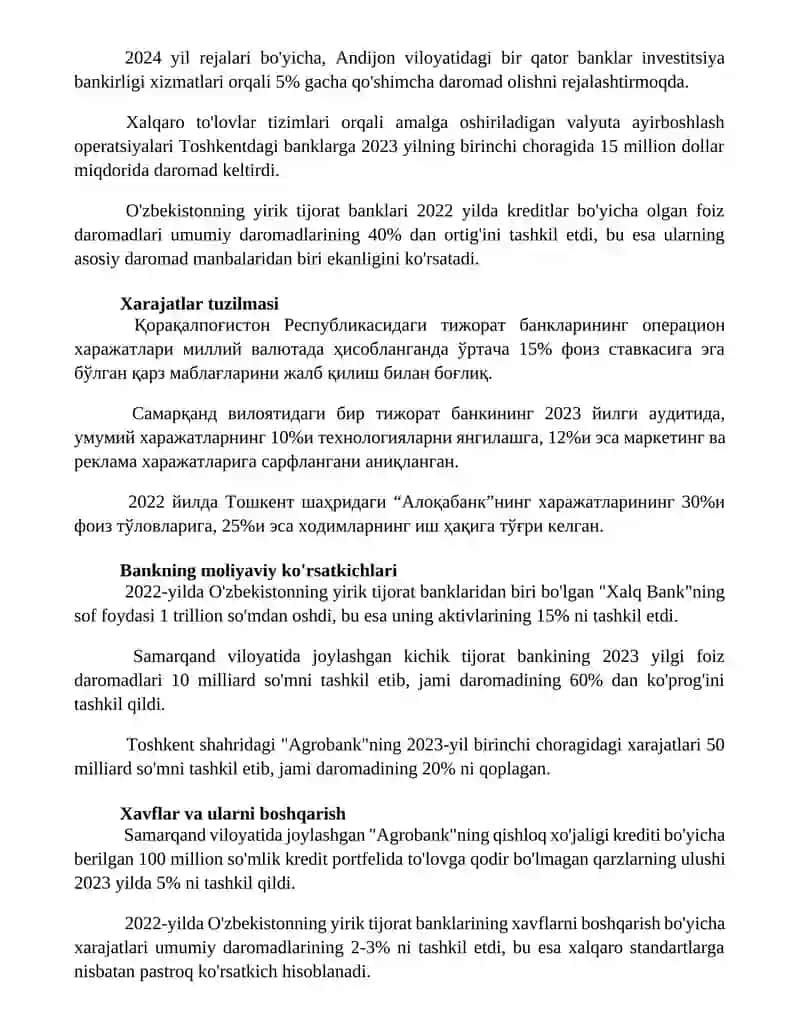 Tijorat banklarining daromadlari, xarajatlari va foydasini tahlil qilish 2