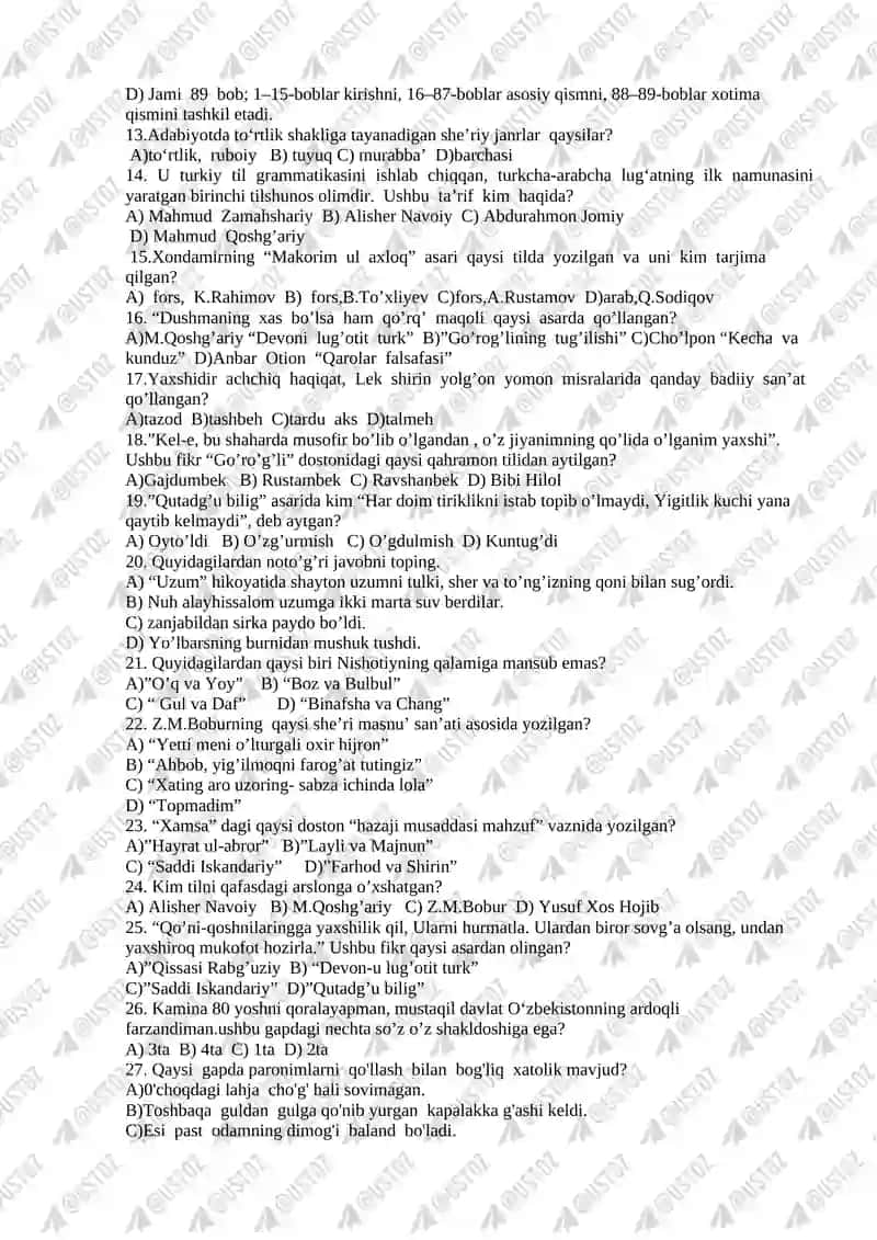 11-SINF ONA TILI VA ADABIYOT FANIDAN MAKTAB BOSQICH OLIMPIADA SAVOLLARI 2