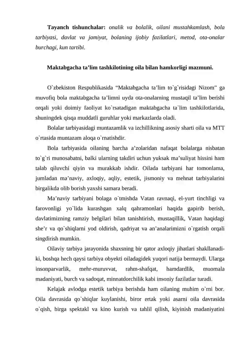 Maktabgacha ta’lim muassasasi, oila va maktab hamkorligi. 2
