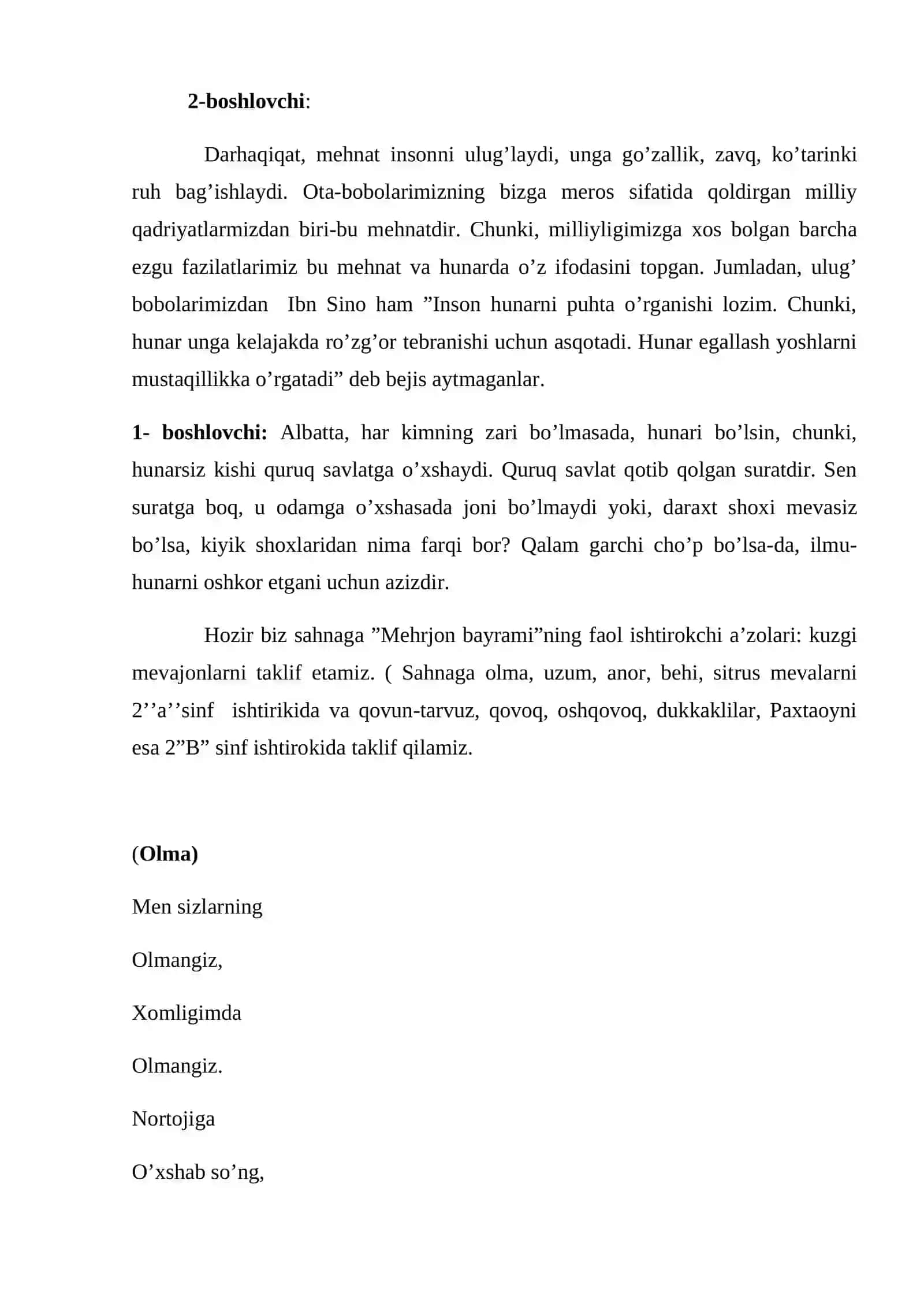 Mehrjon bayrami tadbiri syenariysi 2