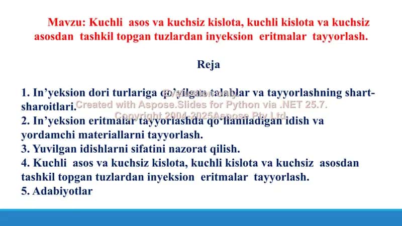Kuchli  asos va kuchsiz kislota, kuchli kislota va kuchsiz  asosdan  tashkil topgan tuzlardan inyeksion  eritmalar  tayyorlash. Taqdimot 23 bet. 2