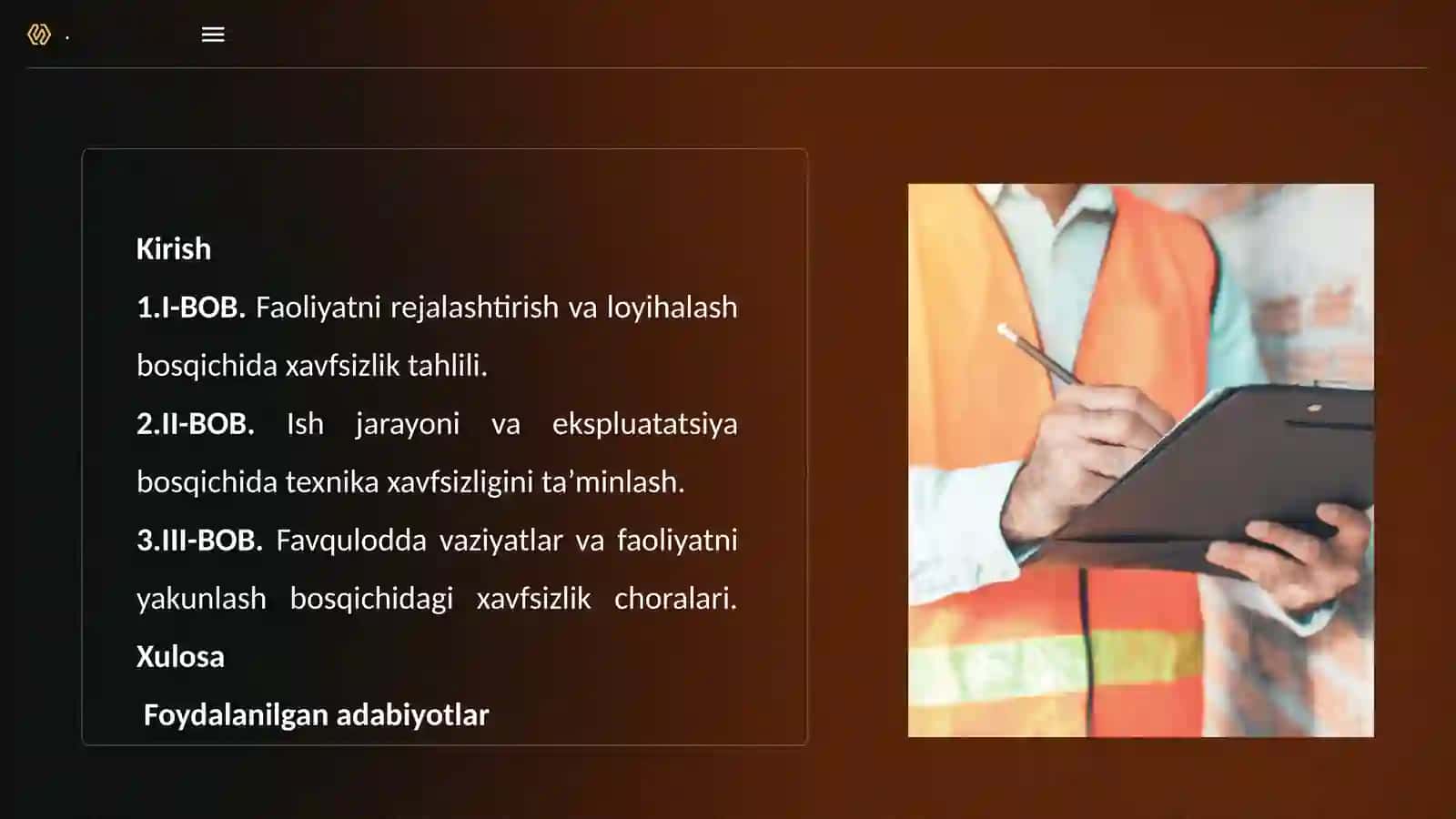 “Faoliyatning turli bosqichlarida xavfsizlik shartlarini tahlil qilish” 2