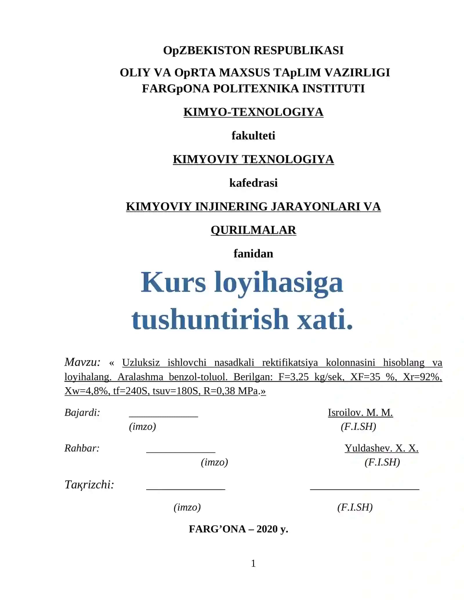 Uzluksiz ishlovchi nasadkali rektifikatsiya kolonnasini hisoblang va loyihalang 2