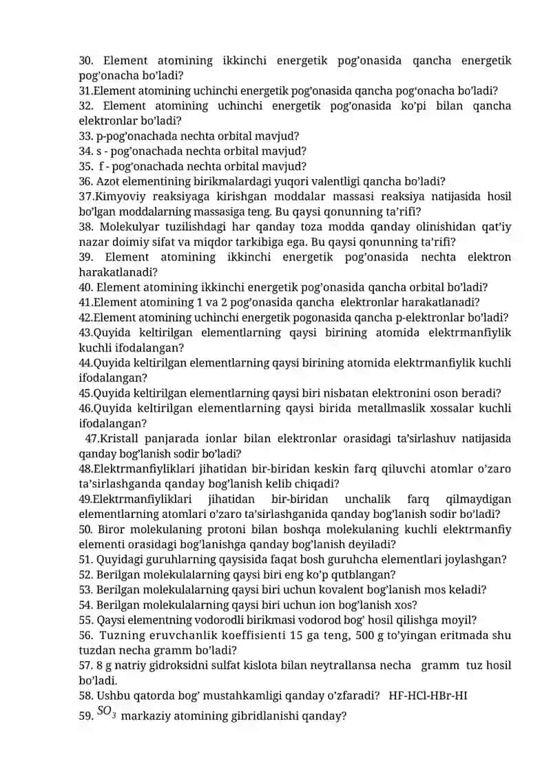60510100–Biologiya yo‘nalishi kunduzgi ta’lim shakli 1-bosqich talabalari uchun yakuniy nazorat savollari banki 2