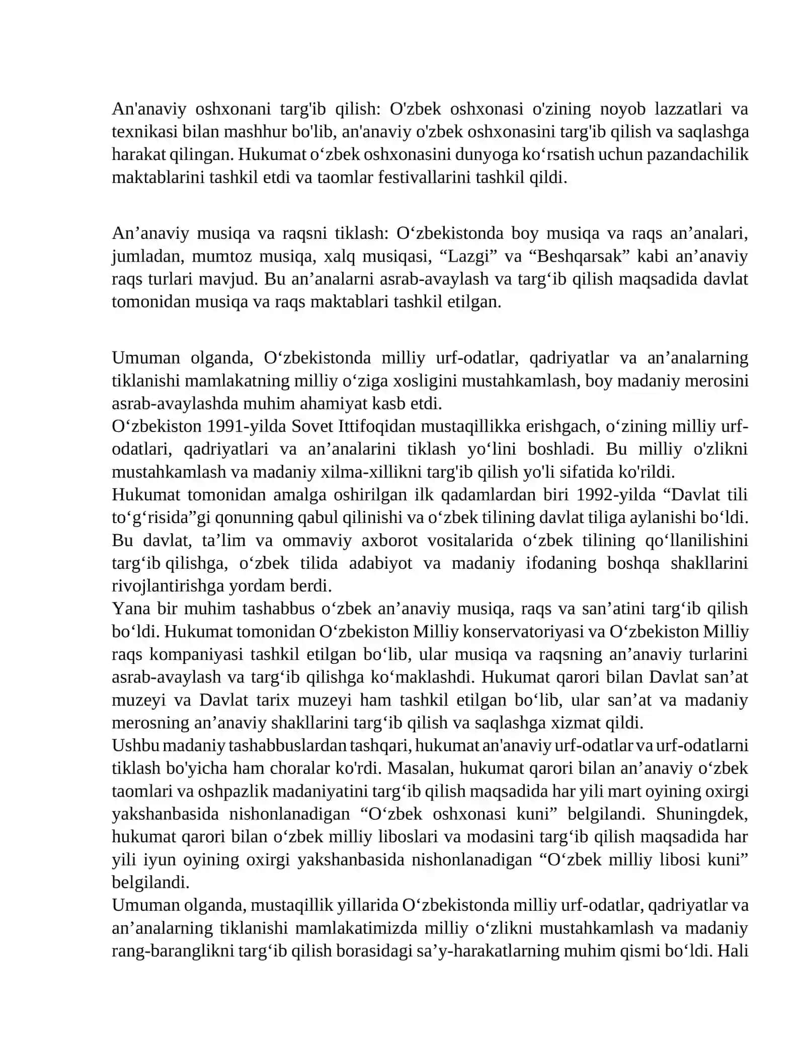 Mustaqillik yillarida Oʻzbekistonda milliy urf-odatlar, qadriyatlar va an'analarning qayta tiklanishi. 2