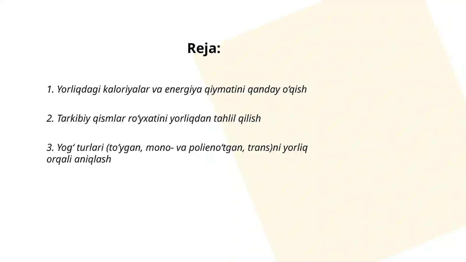 Oziq ovqat mahsulotlarini tarkibi foydali va zararli xususiyatlarini yorliq orqali aniqlash 2