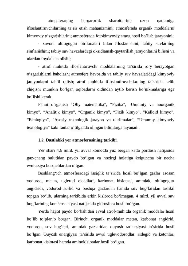 "Atrof muhit kimyosi" fanining kirish. Yerning paydo bo‘lishi va tuzilishi hamda yerdagi evolutsion jarayonlar 2