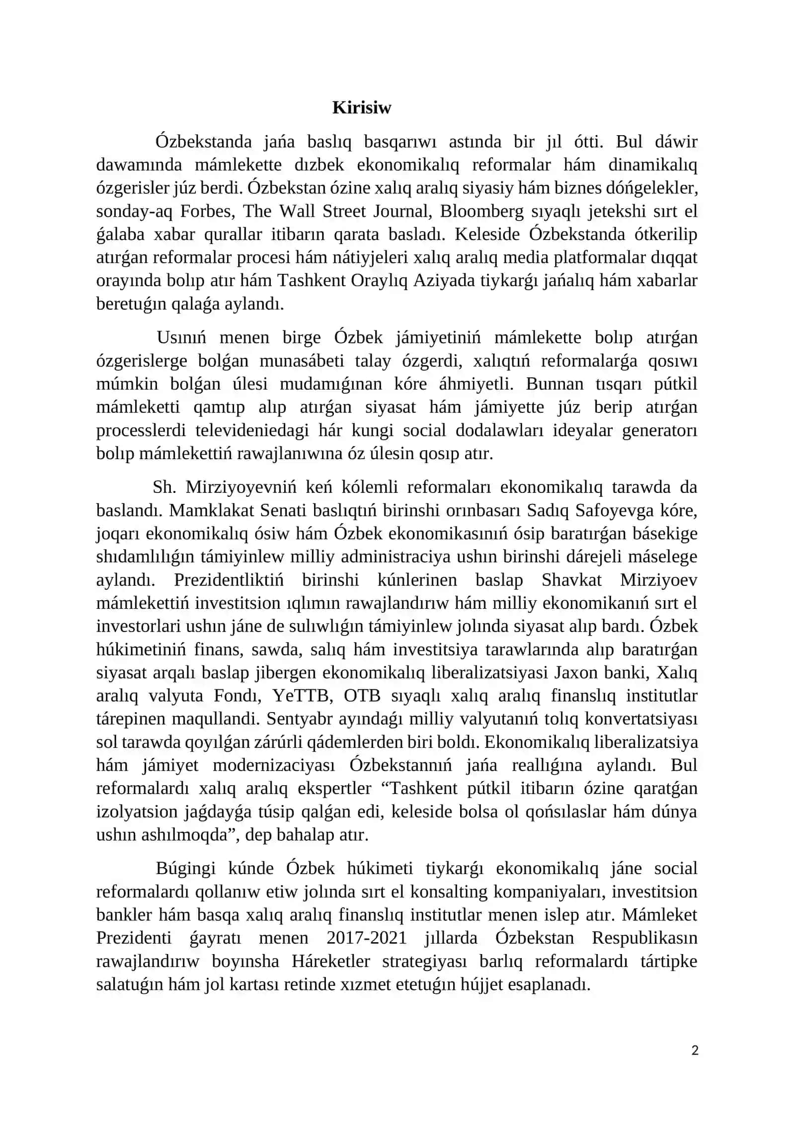 2017 yilda Ózbekistonda keń kólemli ekonomikalıq reformalar programmasın qabıl etiliwi jáne onıń áhmiyeti 2