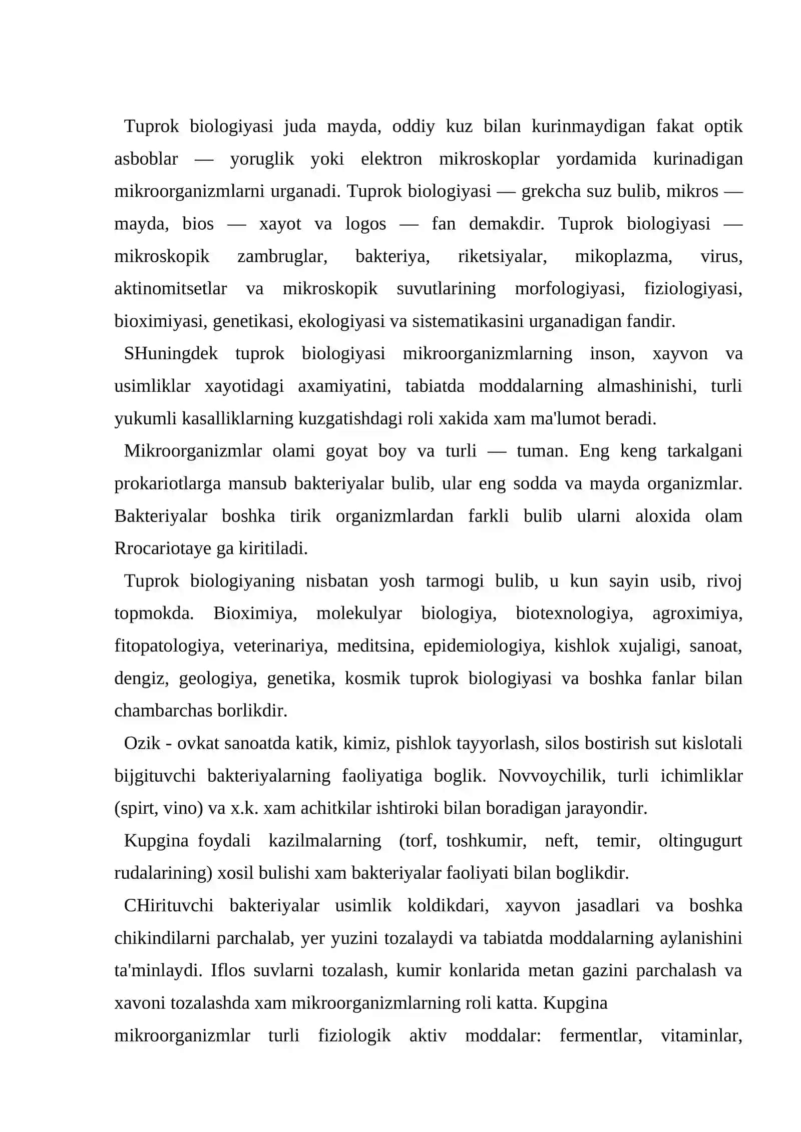 Tuprok biologiyasi fanining axamiyatini tushuntiring 2