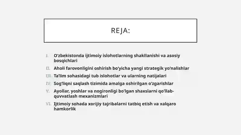 O‘zbekistonda ijtimoiy sohada amalga oshirilayotgan o‘zgarishlar mazmun mohiyati 2