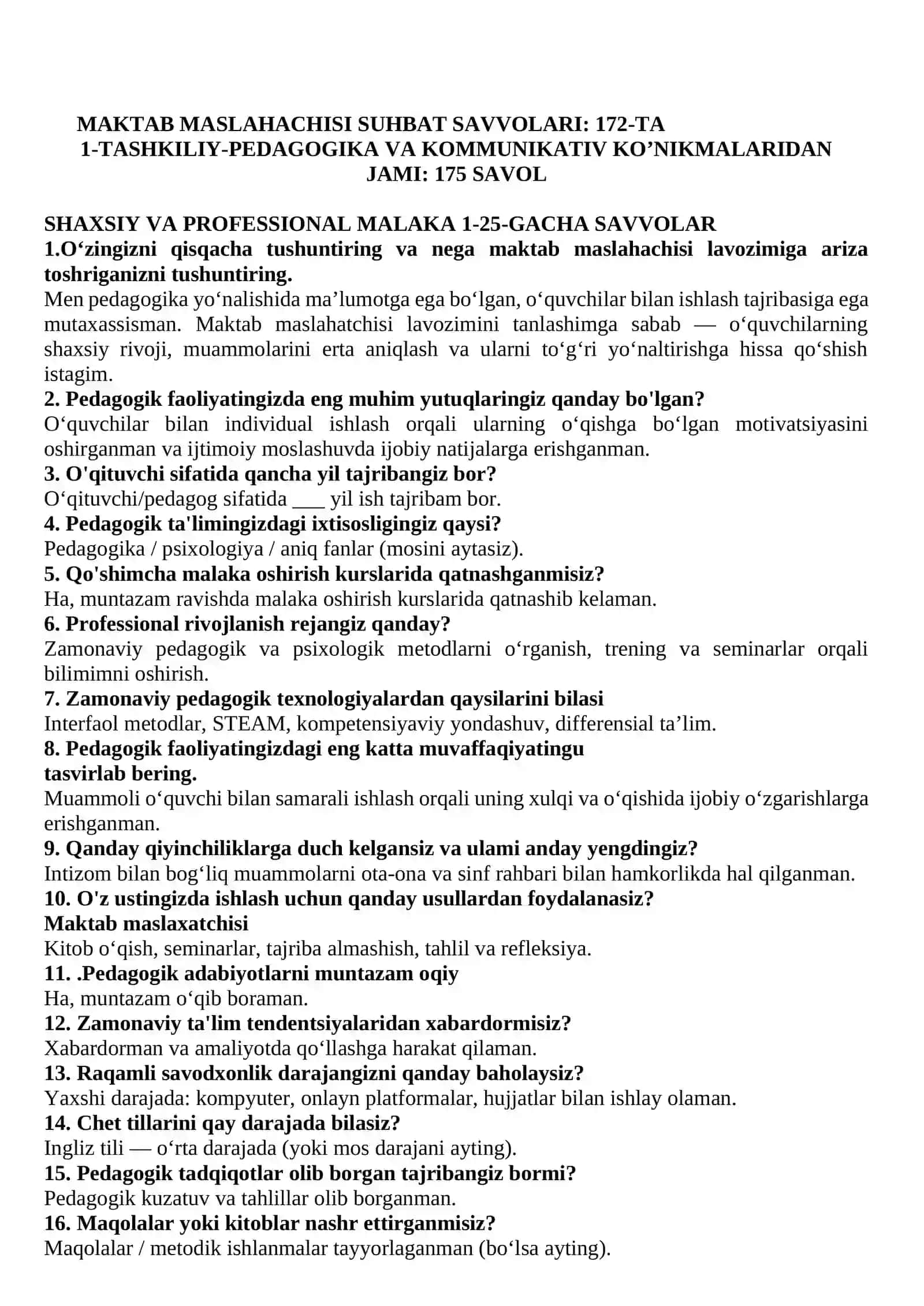 MAKTAB MASLAHACHISI SUHBAT SAVOLLARI 2