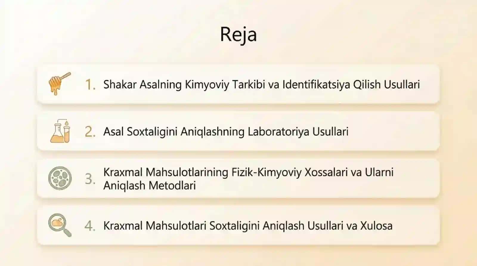 Shakar asal va kraxmal mahsulotlarini indifikatsiya qilish va soxtaligini aniqlash 2