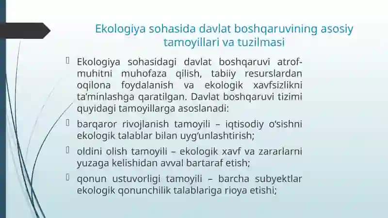 Ekologiyasohasida davlat boshqaruvining asosiy tamoyillari va tuzilmasi 2