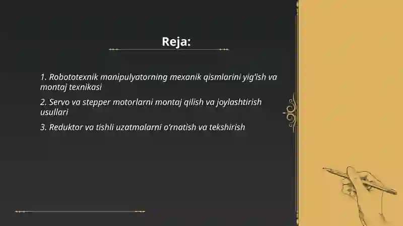 Robototexnik manipulyatorlarni yig'ish 2
