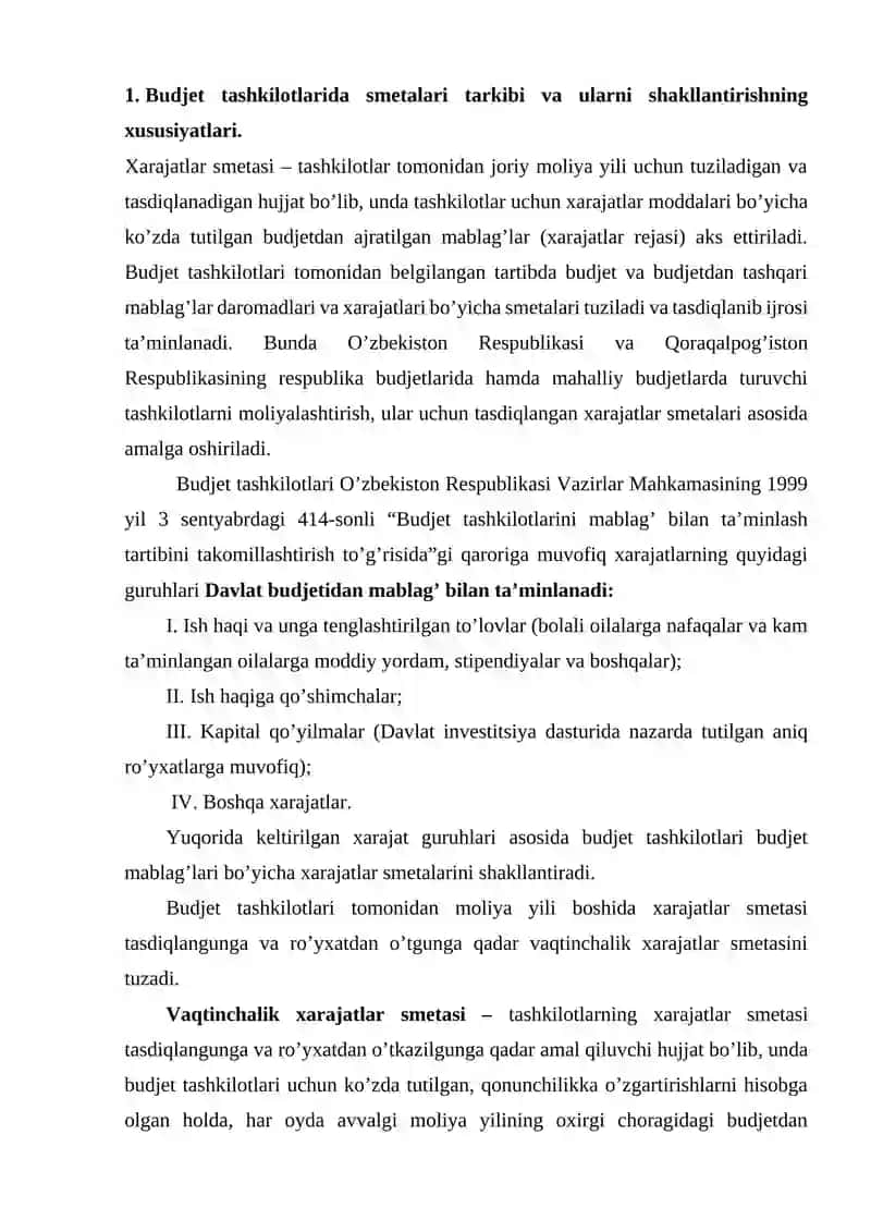 Budjet tashkilotlarida smetalari tarkibi va ularni shakllantirishning xususiyatlari 2