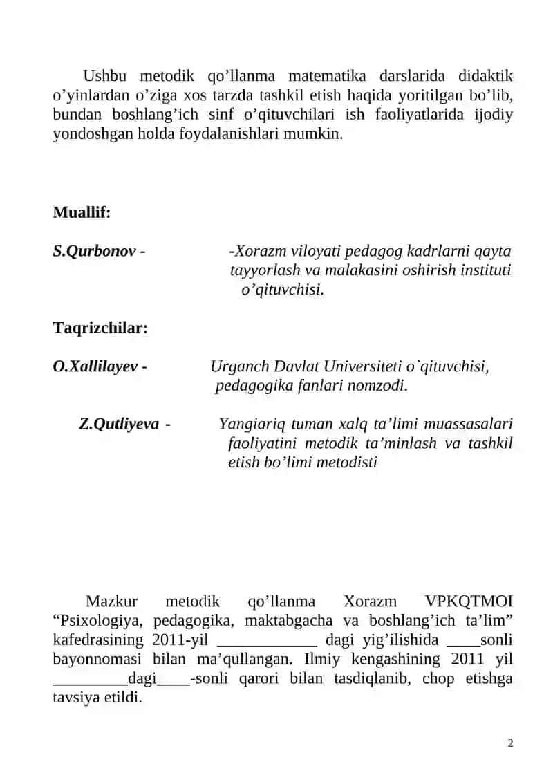 Metodik qo’llanma matematika darslarida didaktik o’yinlardan o’ziga xos tarzda tashkil etish 2
