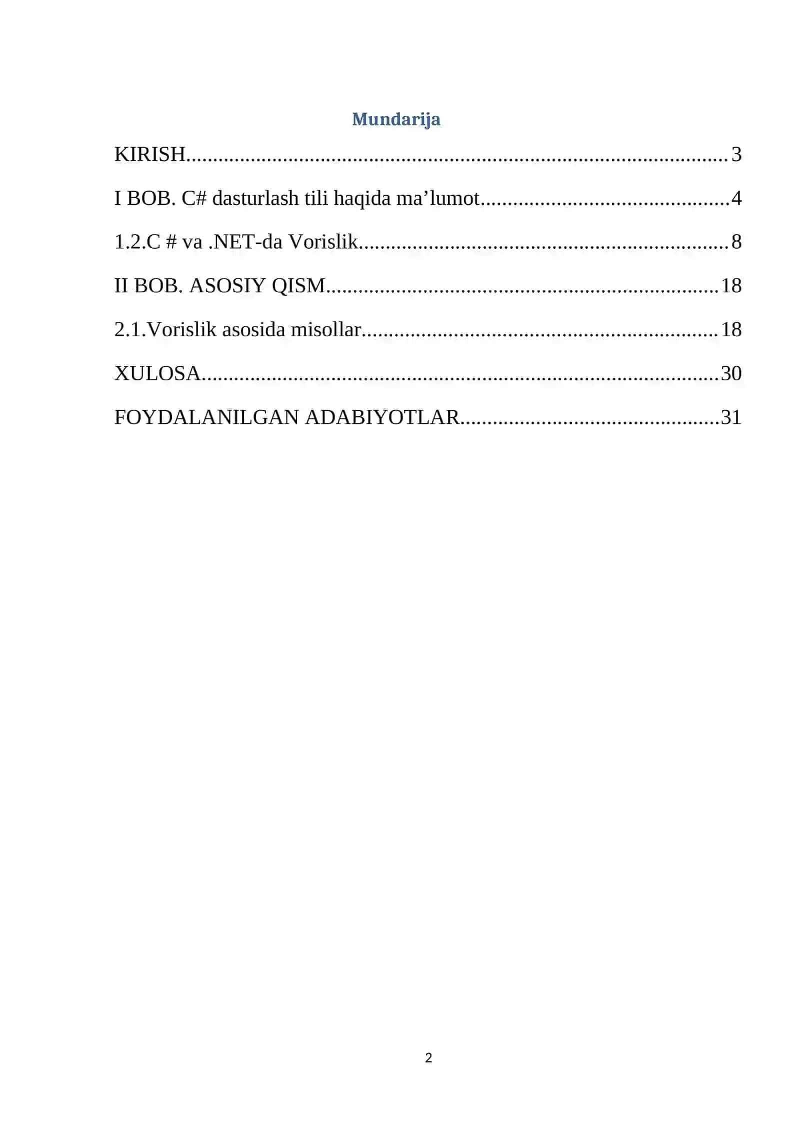 Dasturlash asoslari fanidan Vorislik. Voris sinflarini yaratish va foydalanish 2