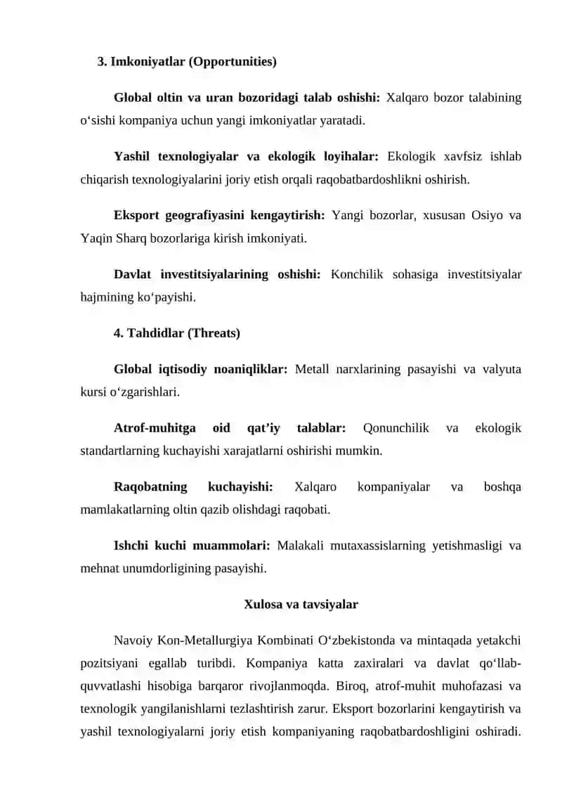 Navoiy Kon-Metallurgiya Kombinati (NKMK) SWOT tahlili 2