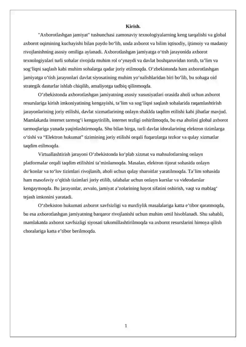 O’zbekistonda axborotlashgan jamiyatning xususiyatlari va virtuallashtirish jarayonlari. 2