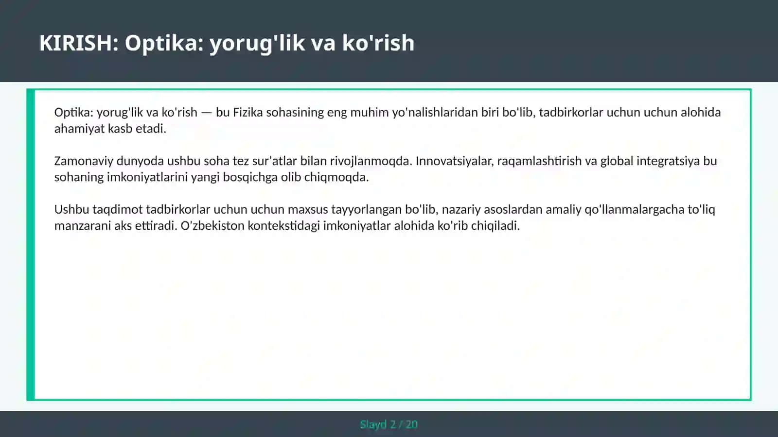 OPTIKA: YORUG'LIK VA KO'RISH 2