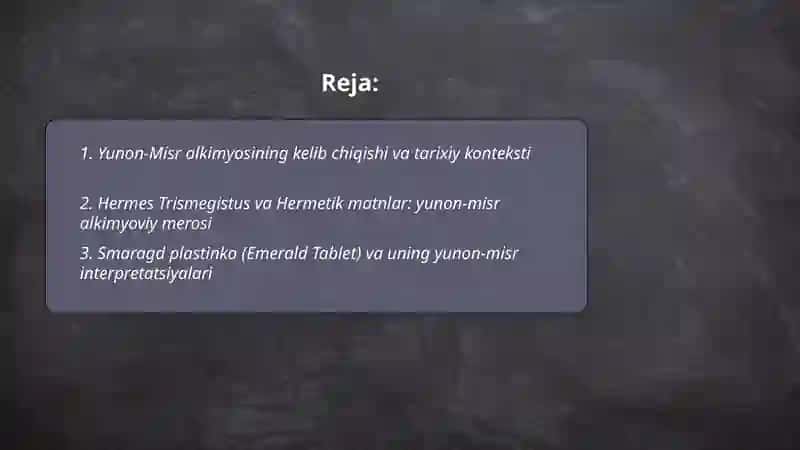 Alkimyo va zodagonlar mashhur alkimyogar lar va ularning ishlari.Yunon Misr alkimyosi 2
